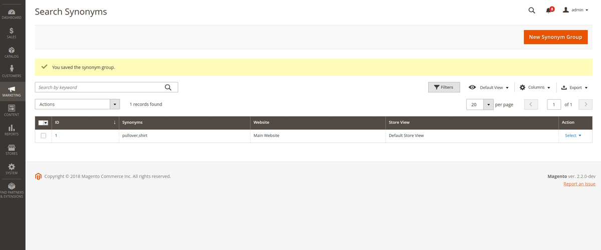 Magento search add new synonyms