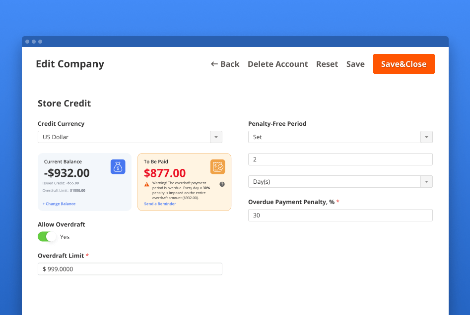 b2b company store credit settings