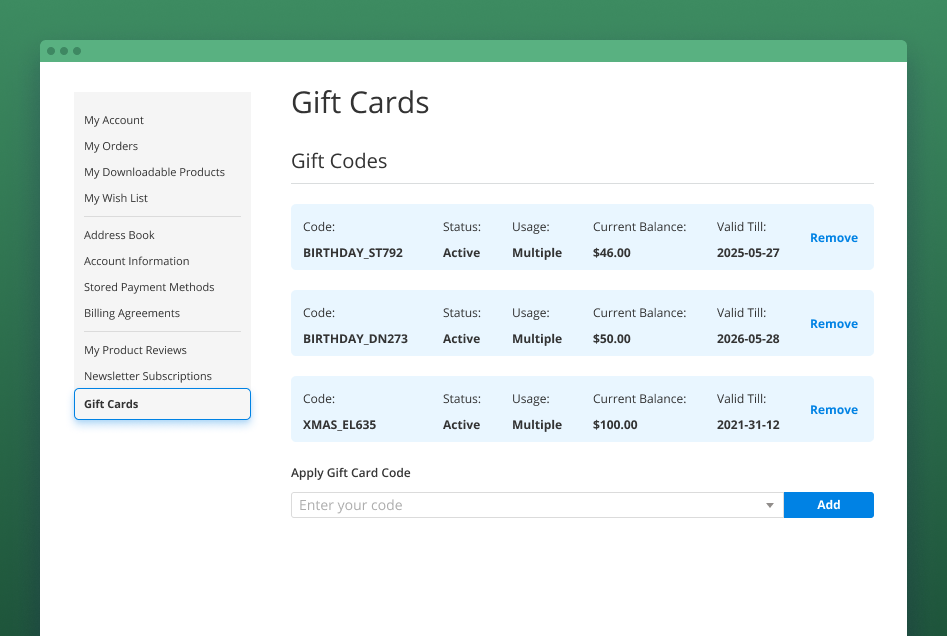 gift card customer account magento 2 gift cards in customer account