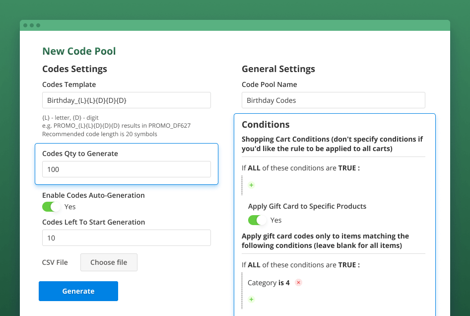 magento 2 create gift card code pool
