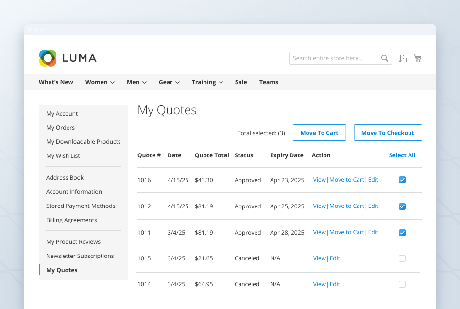 quotes grid in customer account