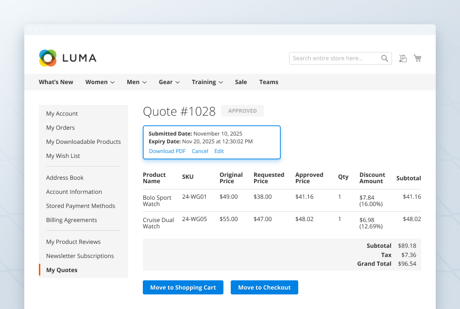 manage quotes in customer account