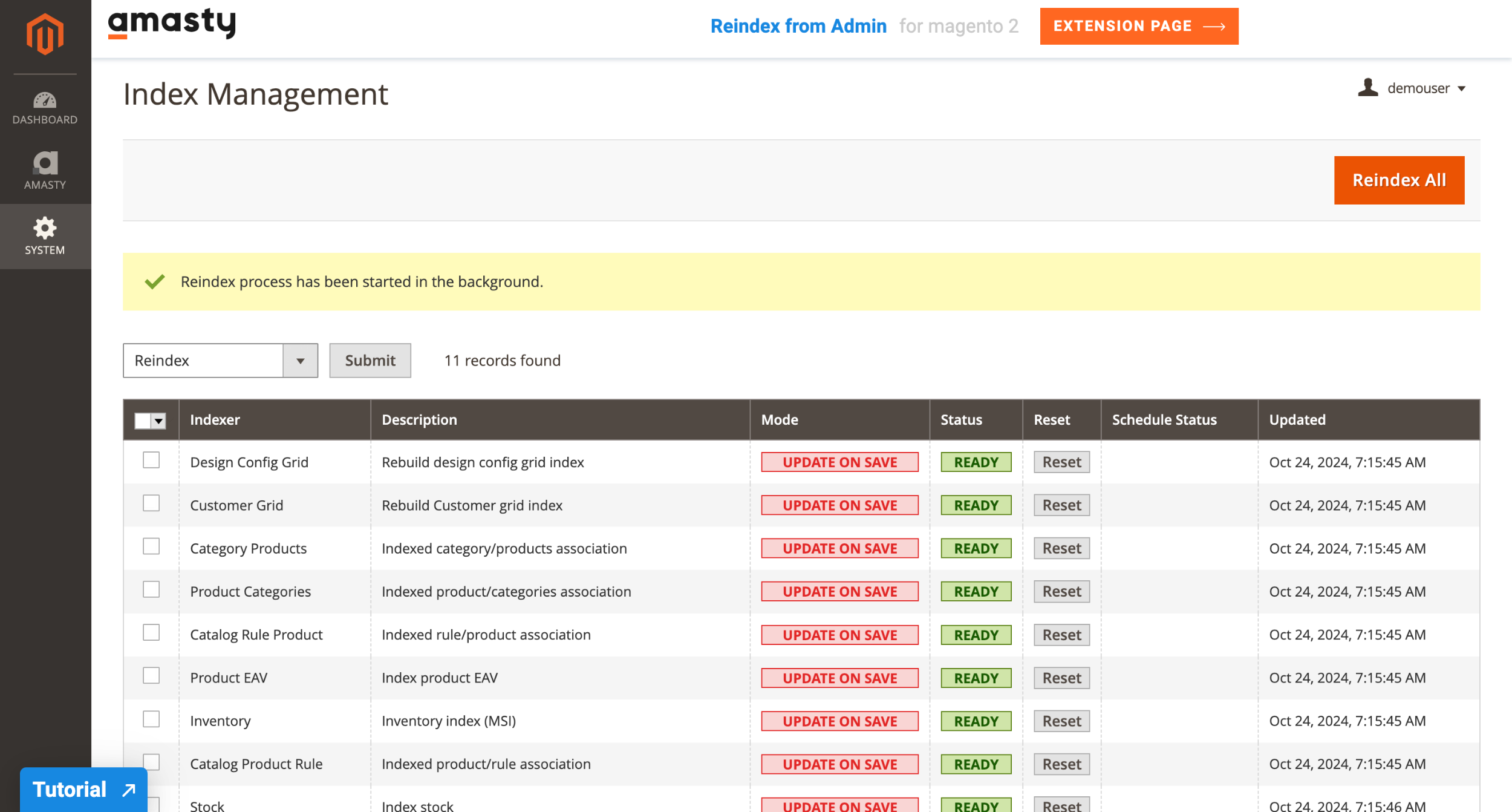 Magento 2 Reindex from Admin (extract from demo)